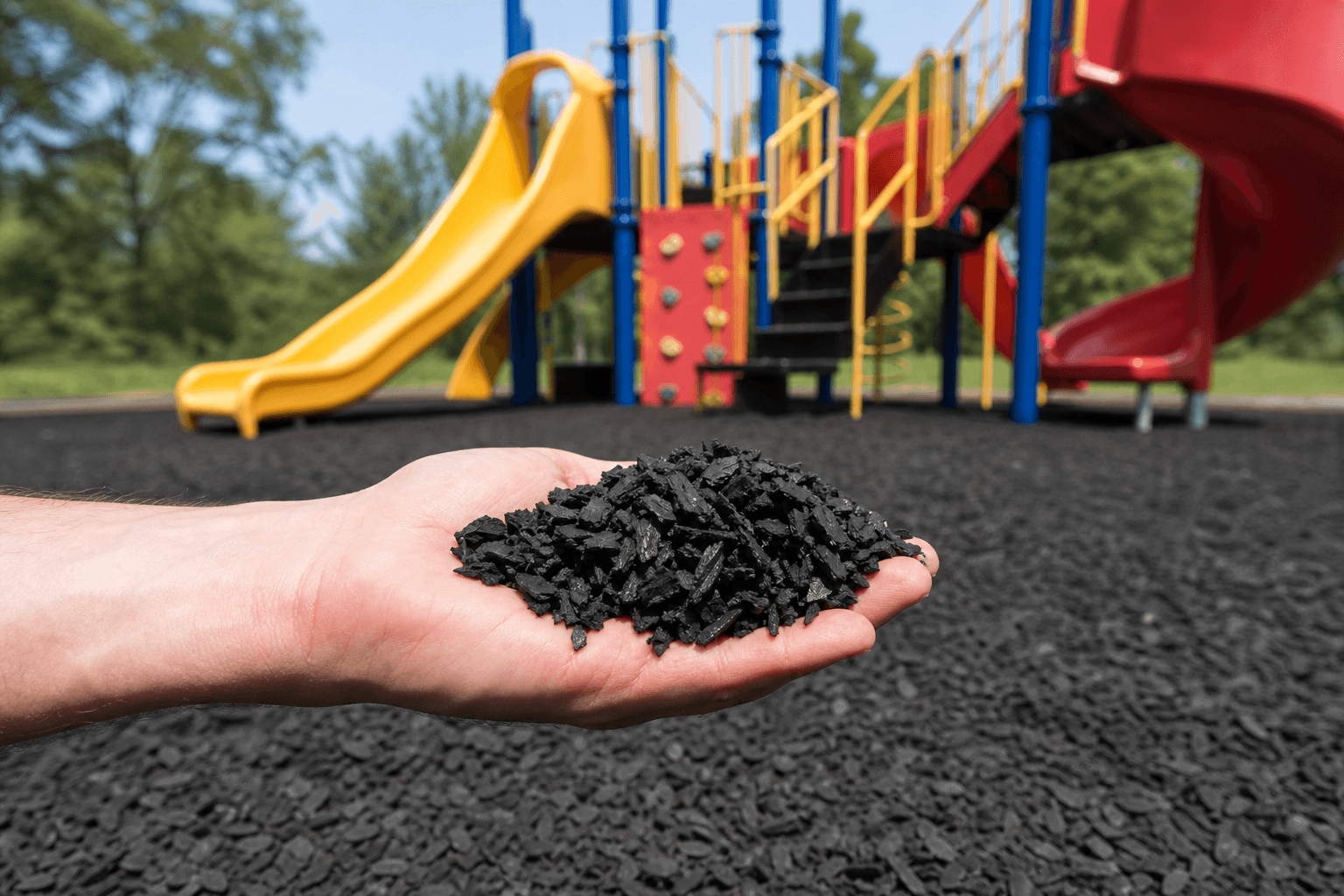 Playground safety surface using large rubber chips