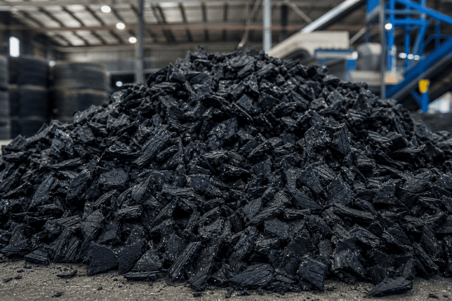 Medium recycled rubber chips at recycling facility